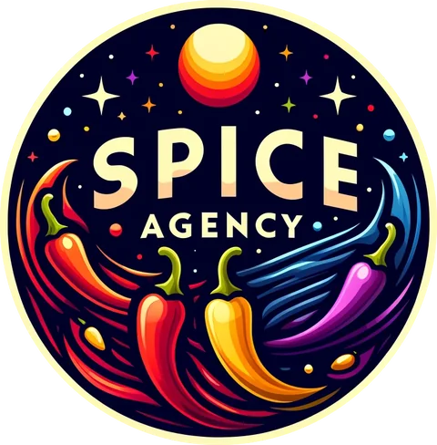 Spice Agency logo: colorful chili peppers swirling under a glowing sun